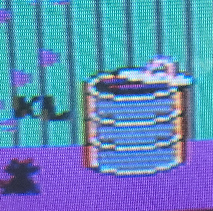 A close-up zoom into a photograph of the PC Booter game AlleyCat running in composite on a Commodore 1084D monitor, showing colored fringes around the trash can sprite