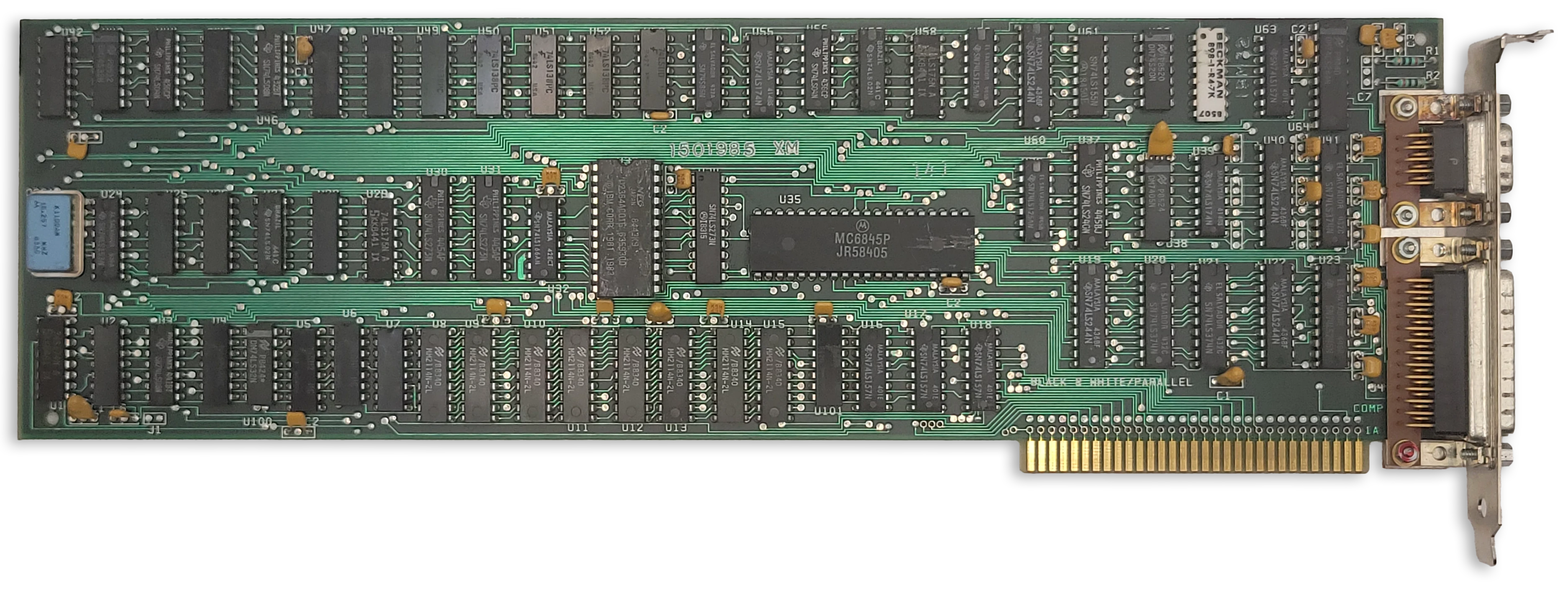 A photograph of a full-length ISA card in green, with a DE-9 connector and DB-25 parallel port at the I/O faceplate.