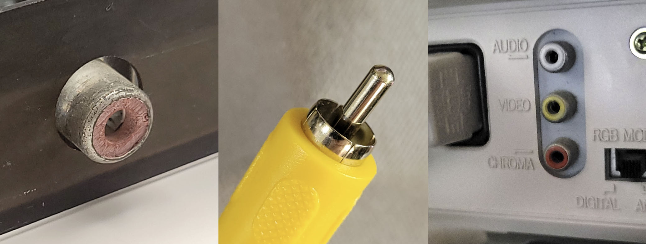 A triptych of three photos - the RCA composite video output jack on a CGA card, an RCA plug connector, and the composite video input of a Commodore 1084D monitor.