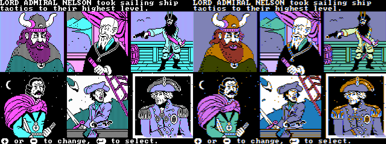 A side-by-side comparison of a screenshot from The Ancient Art of War At Sea showing a screen that looks acceptable in both RGBI and composite, taking advantage of artifact color for an improved palette